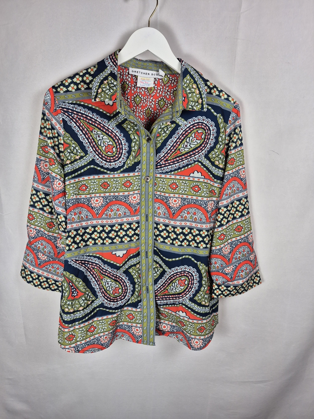 Gretchen Scott Designs Navy, Coral & Olive Paisley Zip-Front Blouse Size L
